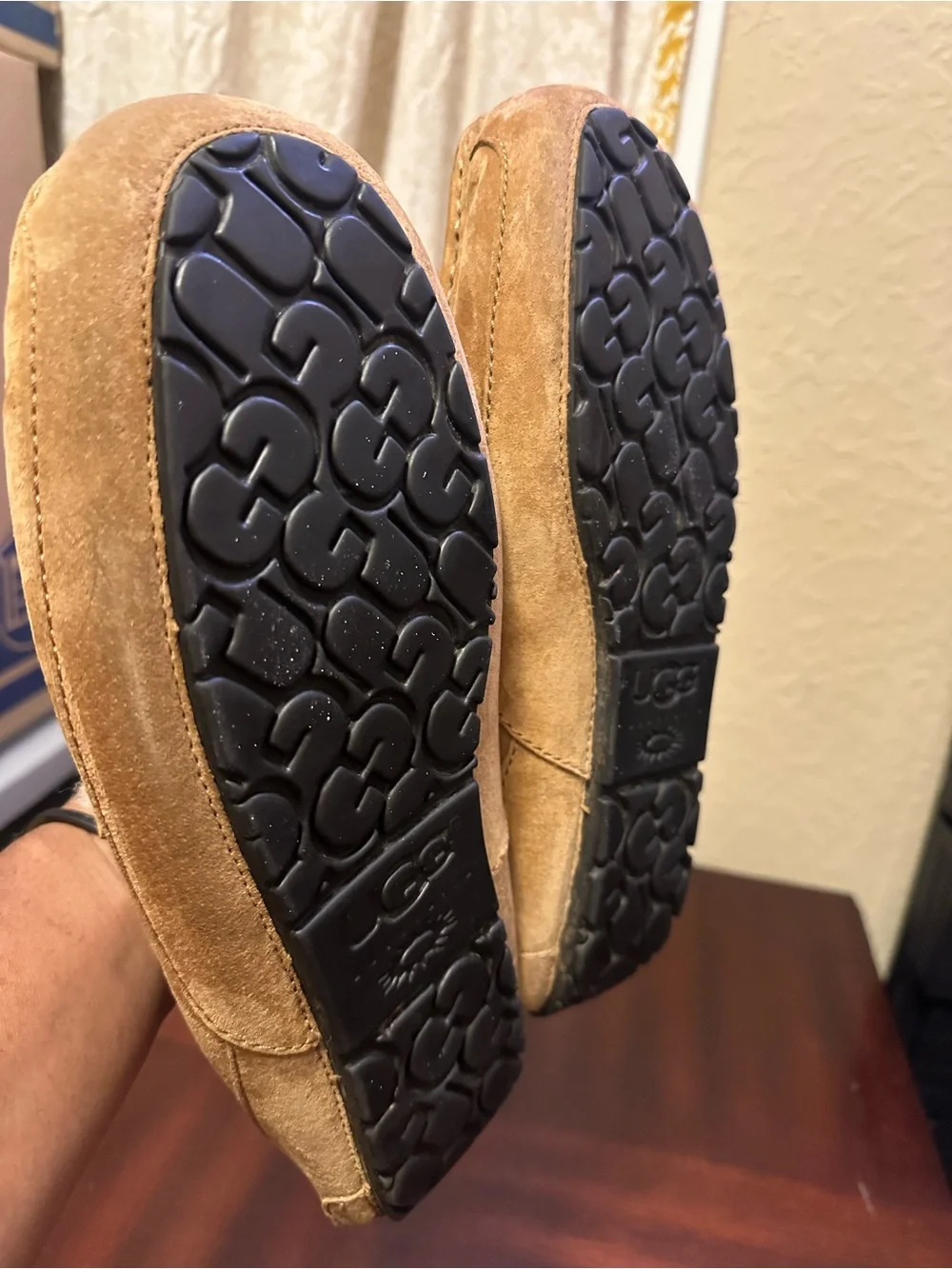 Mens UGG Ascot Tan Brown Suede Lined Slippers Shoes Moccasins Loafers Size 11